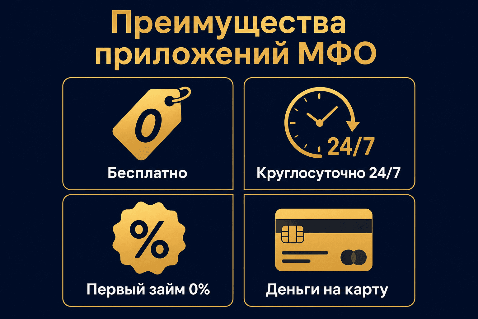 Преимущества приложений МФО: бесплатно, круглосуточно 24/7, первый займ под 0%, деньги на карту